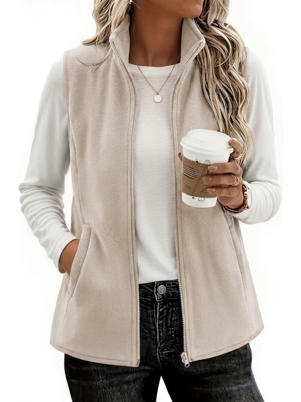 Cozy Sleeveless Fleece Vest with Pockets, Zipper Closure, Perfect for Layering